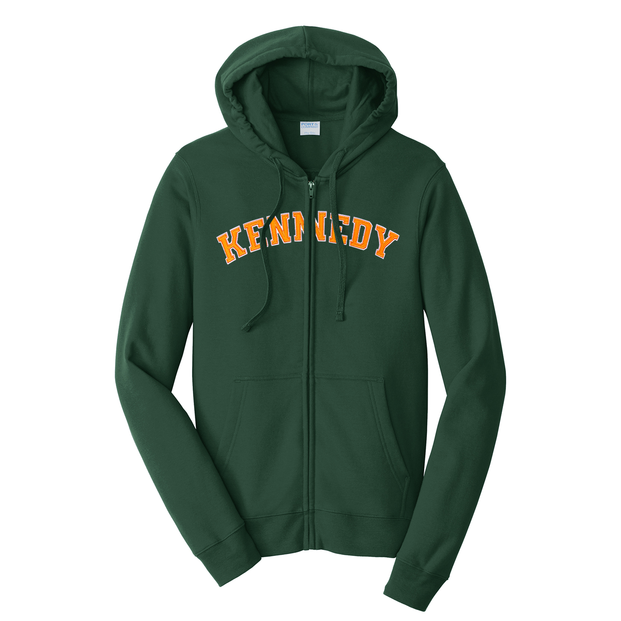 Custom tackle twill applique curved varsity font Port and Company Fan Favorite zip up sweatshirt.